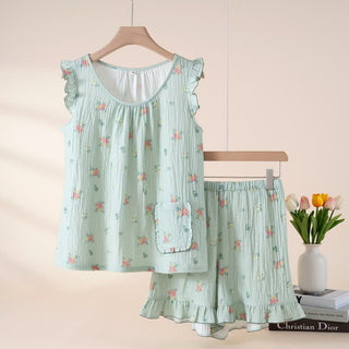 Pyjama-Set aus geblümtem Baumwollgaze mit flatternden Ärmeln - Grün - XL - image 0