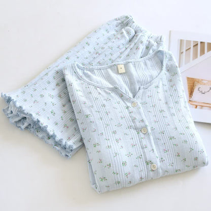 Pyjama-Set aus Baumwoll-Jacquard mit ländlichem Blumenmuster - Blau - XL - image 9
