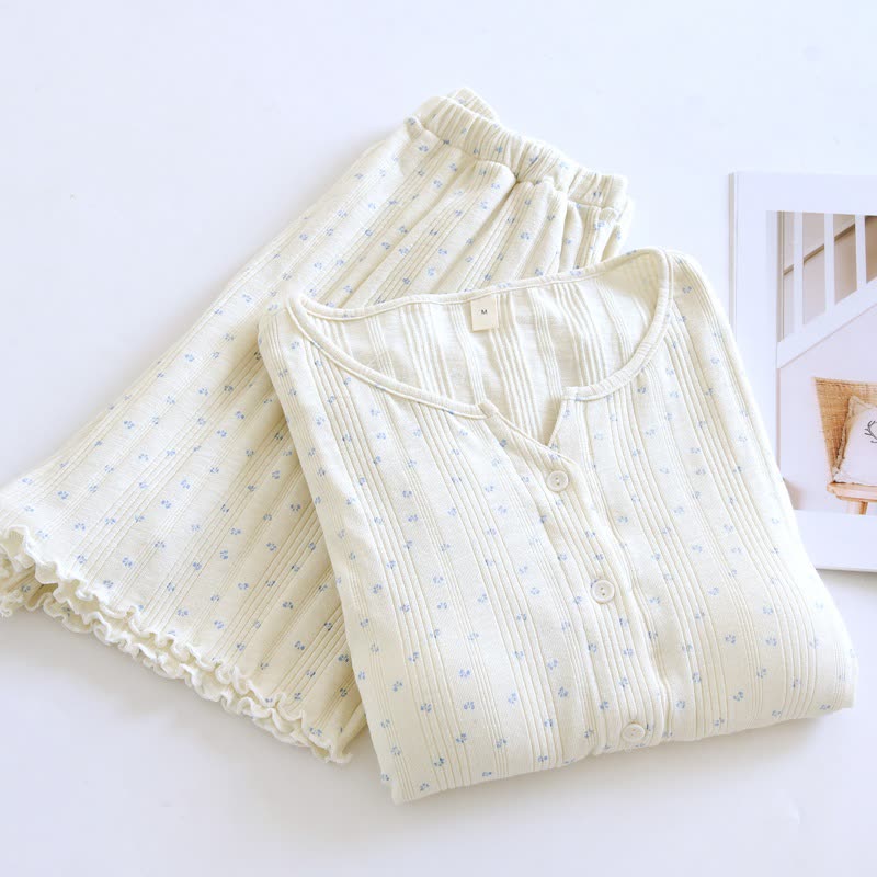 Pyjama-Set aus Baumwoll-Jacquard mit ländlichem Blumenmuster - Beige & Blau - XL - image 8