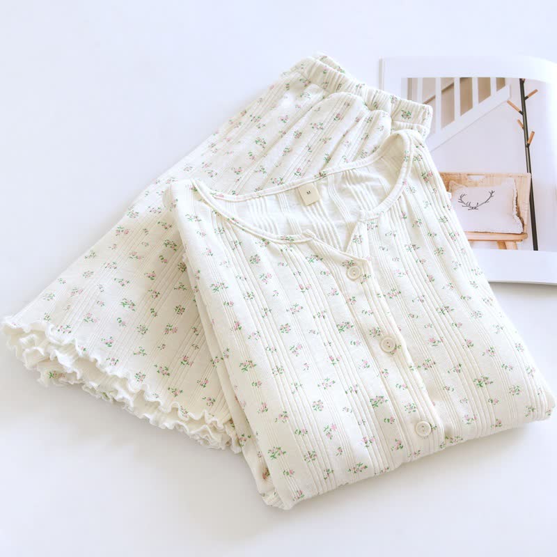 Pyjama-Set aus Baumwoll-Jacquard mit ländlichem Blumenmuster - Beige & Grün - XL - image 12
