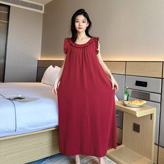 Minimalistisches ärmelloses Nachthemd aus Baumwolle mit Rüschen in Übergröße - Wein - 5XL - image 0
