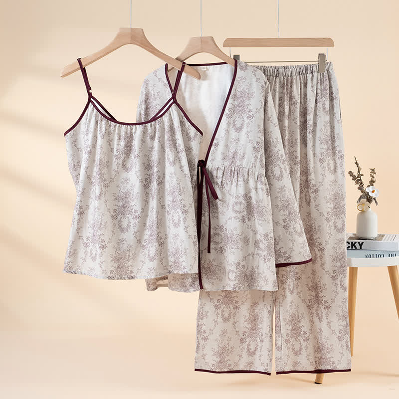 Loungewear-Set aus Baumwolle mit botanischem Print (3-teilig) - Lila - XL - image 0