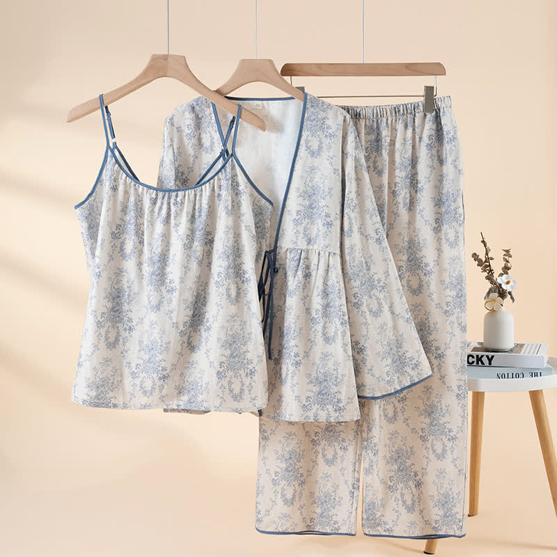 Loungewear-Set aus Baumwolle mit botanischem Print (3-teilig) - Blau - XL - image 1