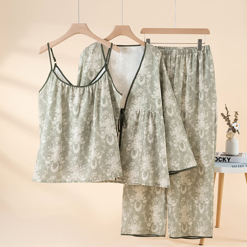 Loungewear-Set aus Baumwolle mit botanischem Print (3-teilig) - Grün - XL - image 2
