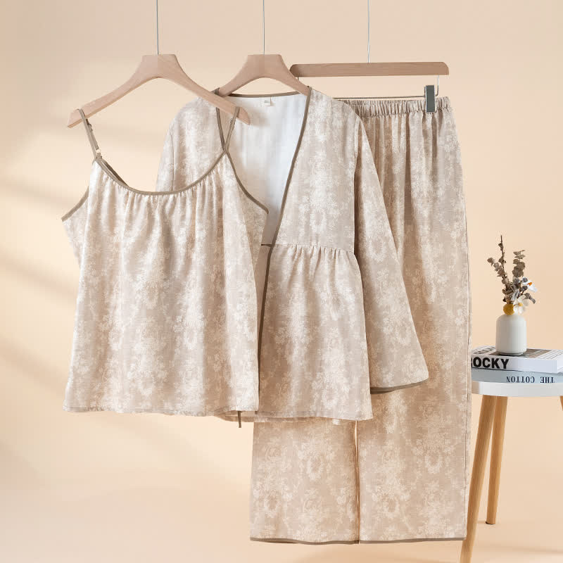 Loungewear-Set aus Baumwolle mit botanischem Print (3-teilig) - Kaffee - XL - image 3