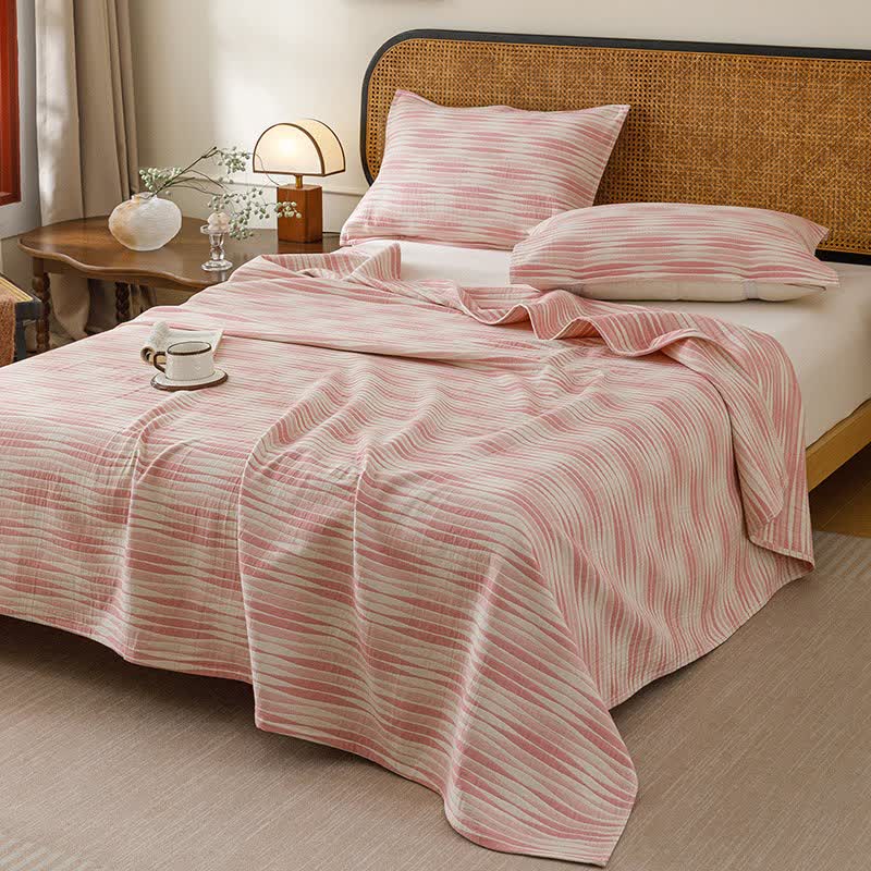 Gebogene Wellenförmige Steppdecke aus Baumwollgaze - Rosa - Steppdecke mit 2 Kissenhandtüchern - 230cm x 250cm - image 0
