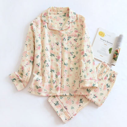 Schlafanzug aus rosa Baumwollgaze mit Blumen- und Hasenmuster - Beige - XL - image 0