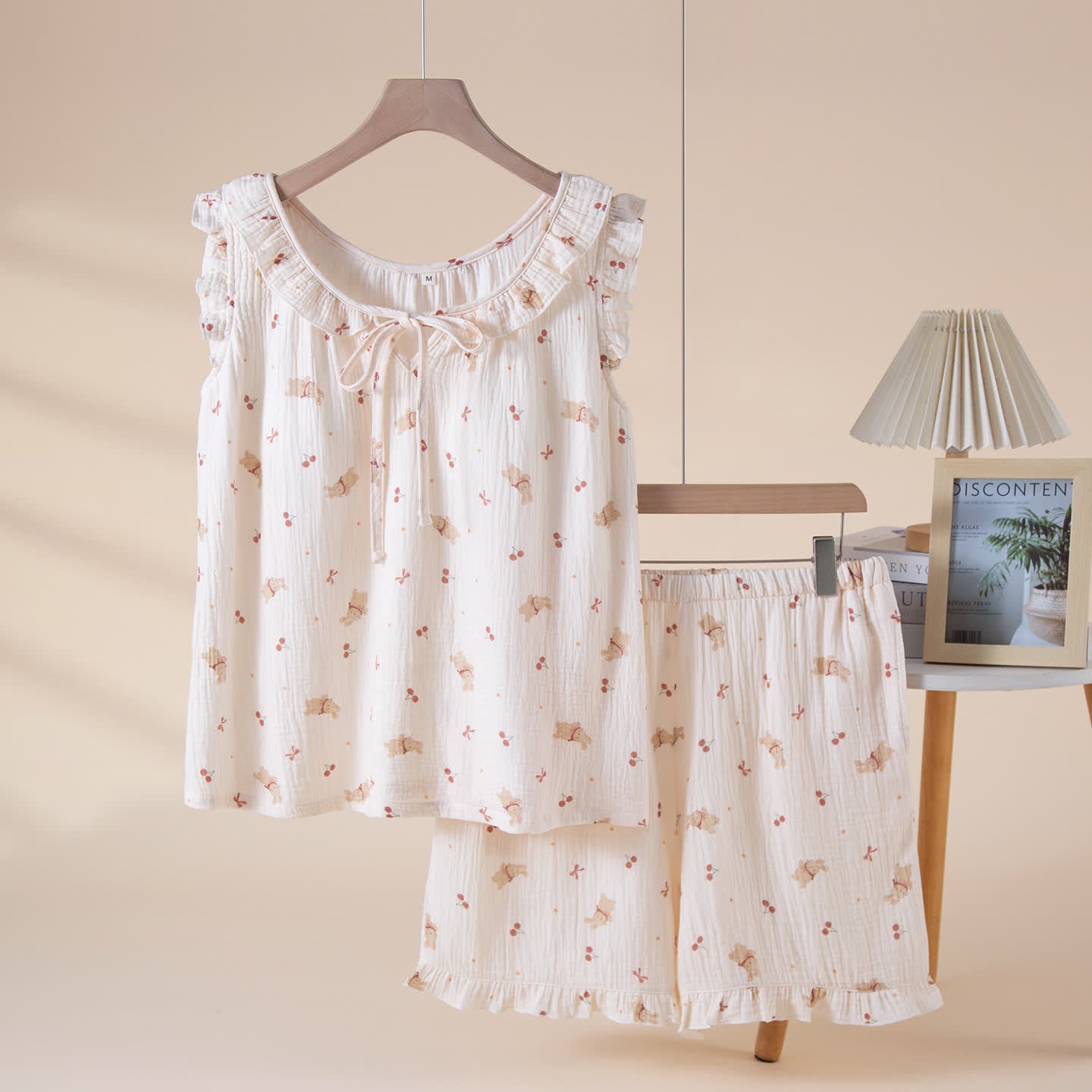 Pyjama-Set aus Baumwollgaze mit Kirsch- und Hasenmotiv - Beige - XL - image 0