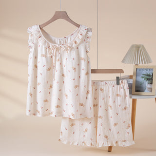 Pyjama-Set aus Baumwollgaze mit Kirsch- und Hasenmotiv - Beige - XL - image 0