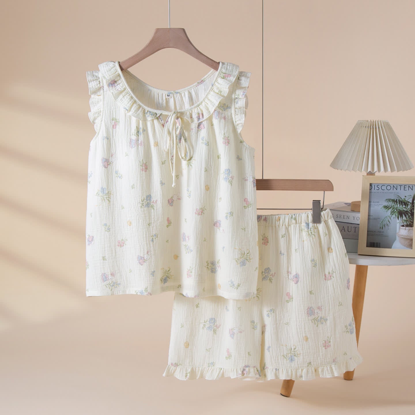 Pyjama aus Baumwollgaze mit Cartoon-Hasen- und Blumenmuster - Beige - XL - image 0