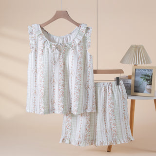 Pyjama aus Baumwollgaze mit Blumen- und Streifenmuster und Hasenmotiv - Grün - XL - image 0