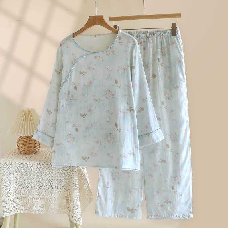 Elegantes Pyjama-Set aus Baumwollgaze mit Hasen- und Blumenmuster - Grün - XL - image 0