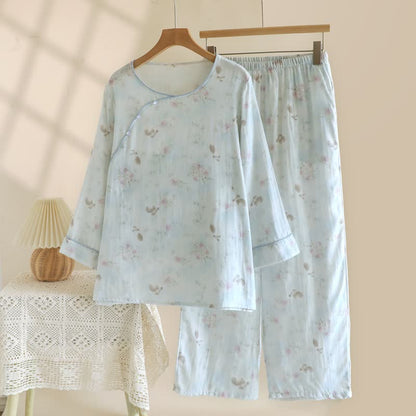 Elegantes Pyjama-Set aus Baumwollgaze mit Hasen- und Blumenmuster - Grün - XL - image 0