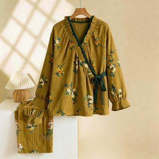 Grüner Pyjama-Set mit Rüschenkragen und Blumenmuster - Grün - XL - image 0
