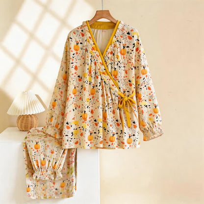 Gelber Pyjama-Set mit Rüschenkragen und Blumenmuster - Orange - XL - image 0