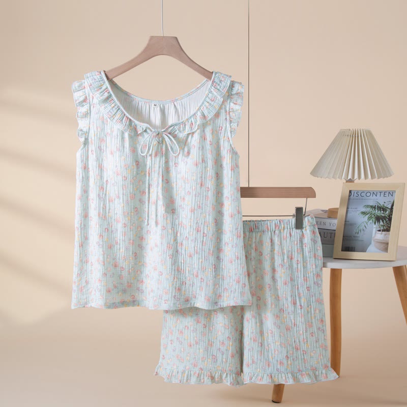 Eleganter ärmelloser Pyjama aus Baumwollgaze mit Blumenmuster - Blau - XL - image 0