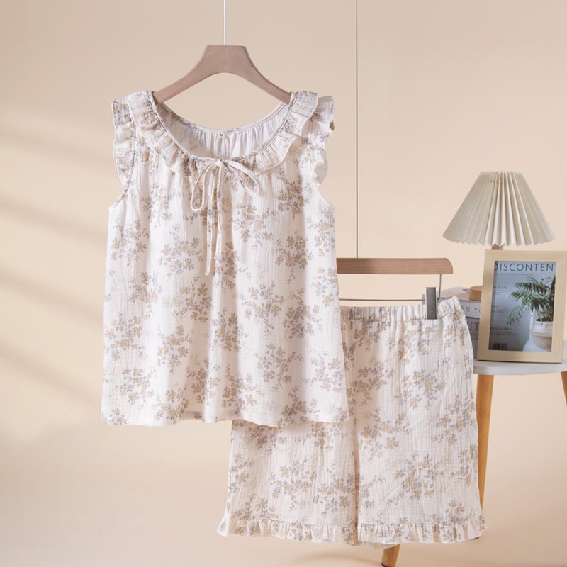 Eleganter ärmelloser Pyjama aus Baumwollgaze mit Blumenmuster - Beige - XL - image 0