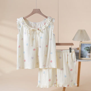Niedlicher ärmelloser Schlafanzug aus Baumwollgaze mit Erdbeermotiv - Beige - XL - image 0
