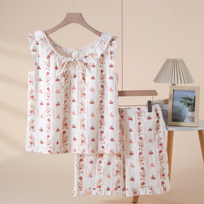 Ärmelloser Pyjama aus Baumwollgaze mit Kirsch- und Pilzmuster - Beige - XL - image 0