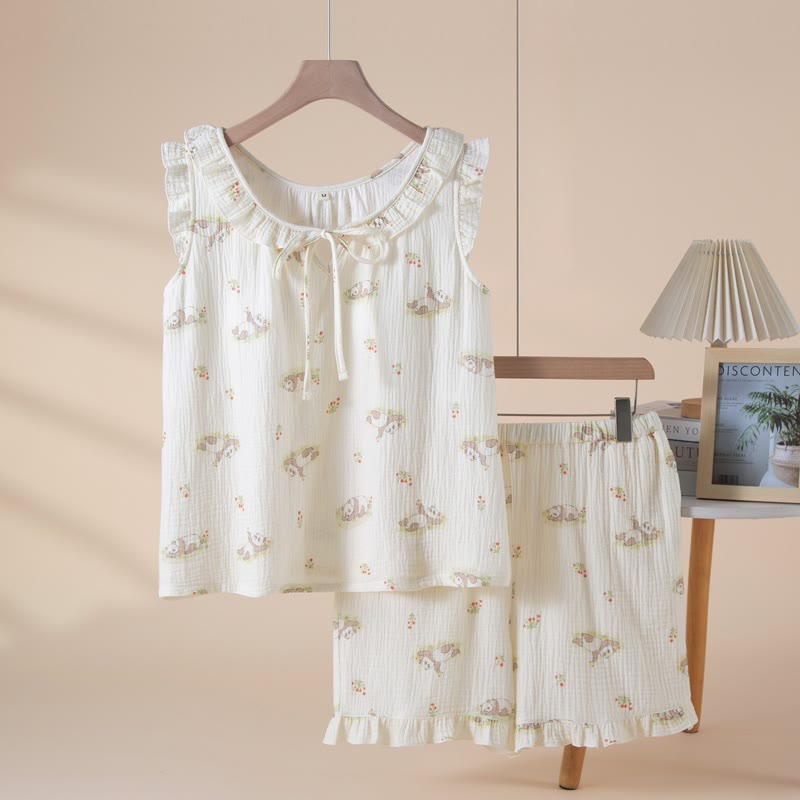 Ärmelloser Pyjama aus Baumwollgaze mit Panda-Motiv - Beige - XL - image 0