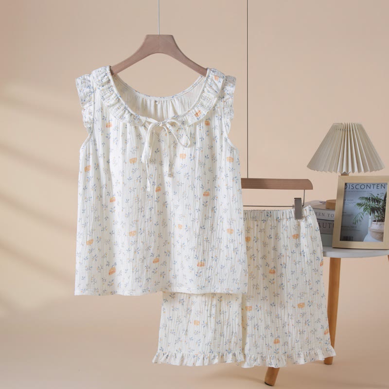 Ärmelloser Pyjama aus Baumwollgaze mit Kürbis- und Blattmotiven - Beige - XL - image 0