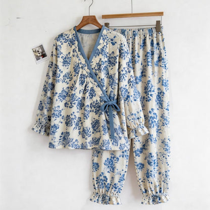 Blauer Pyjama-Set mit Rüschenkragen und Blumenmuster - image 4