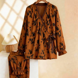 Pyjama-Set mit Rüschenkragen und Blättermuster - Karamell - XL - image 0