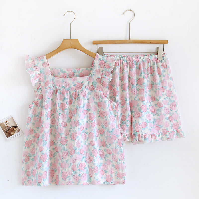 Romantischer ärmelloser Pyjama aus Baumwollgaze mit Blumenmuster - Rosa - L - image 0