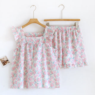 Romantischer ärmelloser Pyjama aus Baumwollgaze mit Blumenmuster - Rosa - L - image 0
