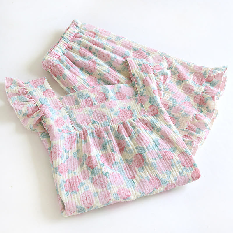 Romantischer ärmelloser Pyjama aus Baumwollgaze mit Blumenmuster - image 1