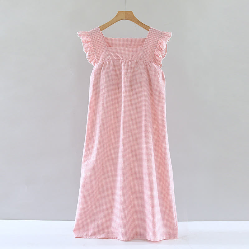 Baumwoll-Nachthemd mit Vichy-Karo und flatternden Ärmeln - Rosa - XL - image 0
