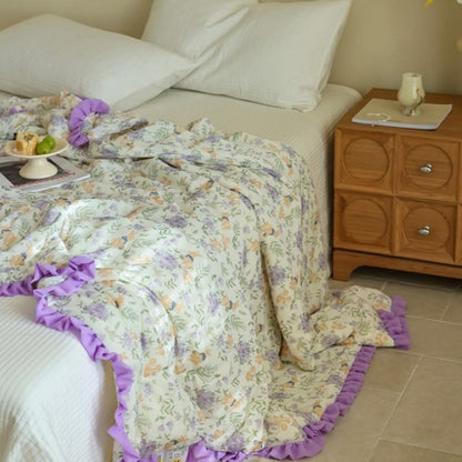 Sommer-Steppdecke mit Rüschen, lila Blumenmuster und Hasenmotiv - Beige - 200cm x 230cm - image 0