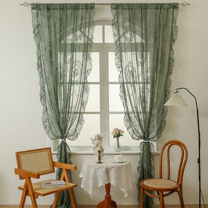 Transparenter Vorhang aus Landhausspitze mit Rüschenbesatz - Grün - 140cm x 260cm - image 0