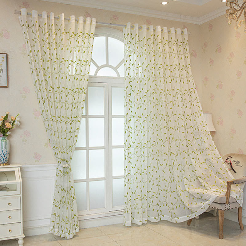 Transparenter Vorhang im Landhausstil mit grünem Blattmuster - image 2