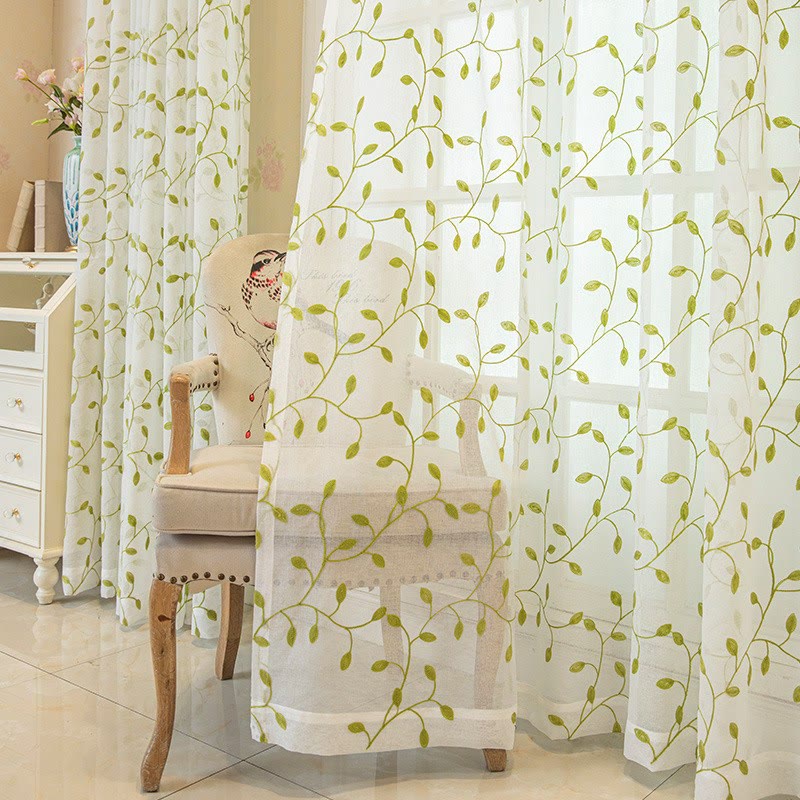 Transparenter Vorhang im Landhausstil mit grünem Blattmuster - 140cm x 260cm - image 0