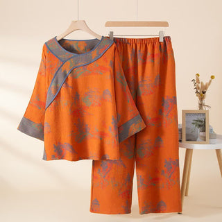 Vintage-Pyjama-Set aus Baumwolle mit orangefarbenem Landschaftsmotiv - Orange - Einheitsgröße - image 0