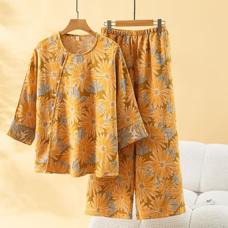 Retro-Sonnenblumen-Pyjama-Set aus reiner Baumwolle - Gelb - Einheitsgröße - image 5