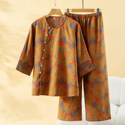 Retro-Sonnenblumen-Pyjama-Set aus reiner Baumwolle - Orange - Einheitsgröße - image 7