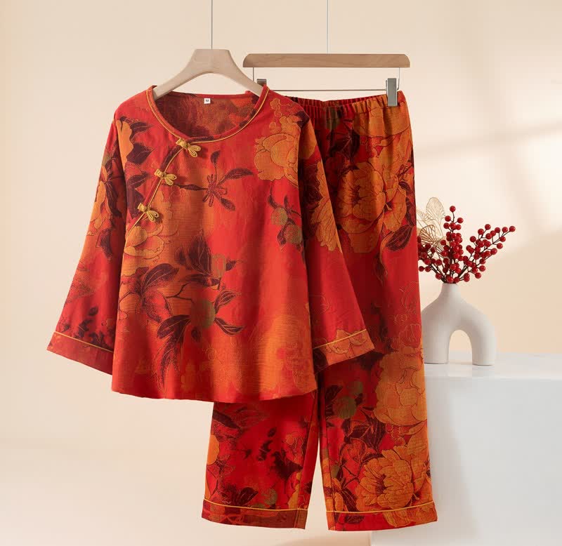 Luxuriöses Pyjama-Set aus reiner Baumwolle mit Pfingstrosenmuster - Rot - XL - image 0