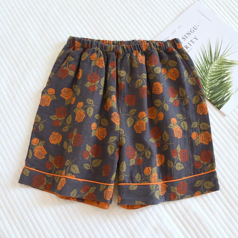 Pyjama-Shorts aus Baumwollgaze mit pastoralem Rosenmuster - Grau - 2 Stück - XL - image 0