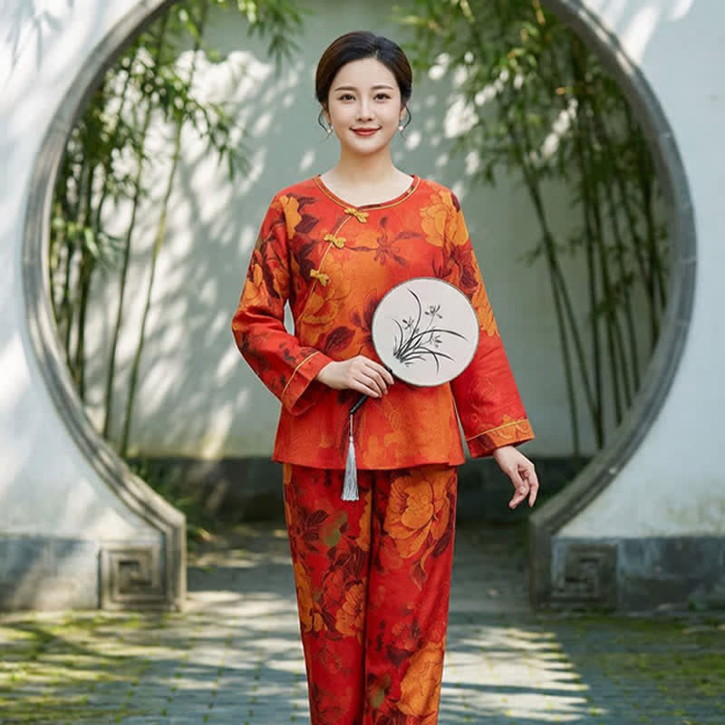 Luxuriöses Pyjama-Set aus reiner Baumwolle mit Pfingstrosenmuster - image 2