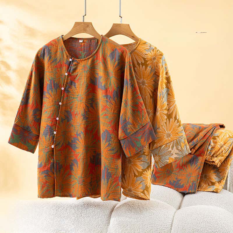 Retro-Sonnenblumen-Pyjama-Set aus reiner Baumwolle - image 3