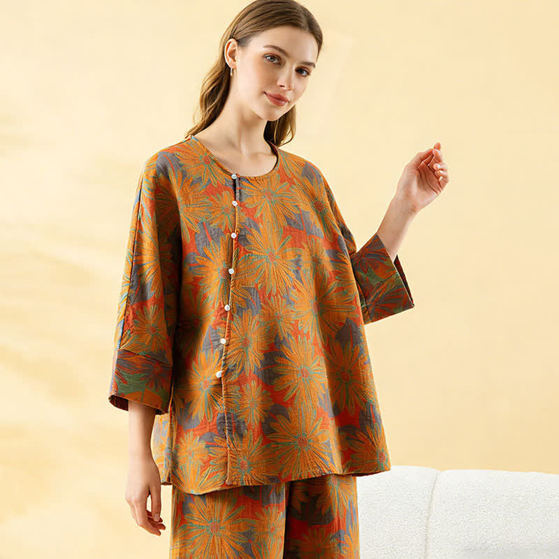 Retro-Sonnenblumen-Pyjama-Set aus reiner Baumwolle - image 8