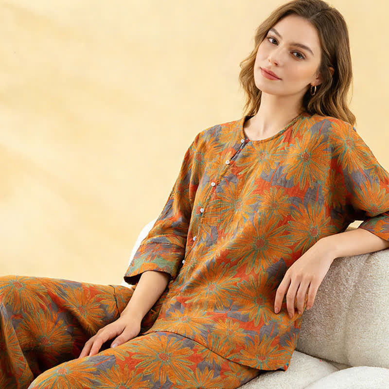 Retro-Sonnenblumen-Pyjama-Set aus reiner Baumwolle - image 9