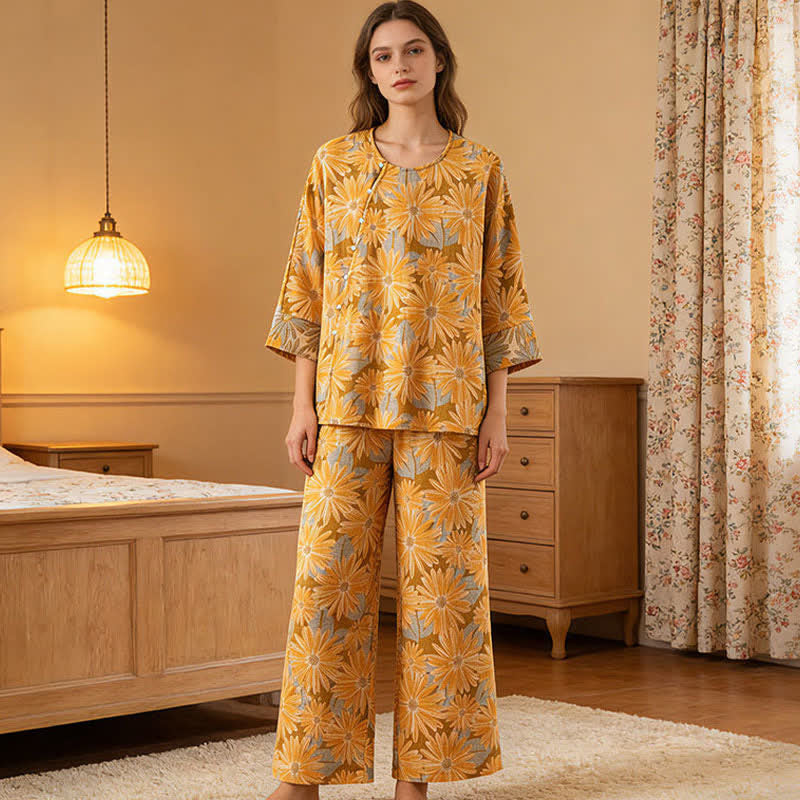 Retro-Sonnenblumen-Pyjama-Set aus reiner Baumwolle - image 1