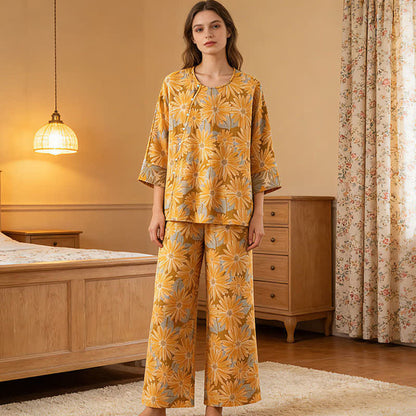 Retro-Sonnenblumen-Pyjama-Set aus reiner Baumwolle - image 1