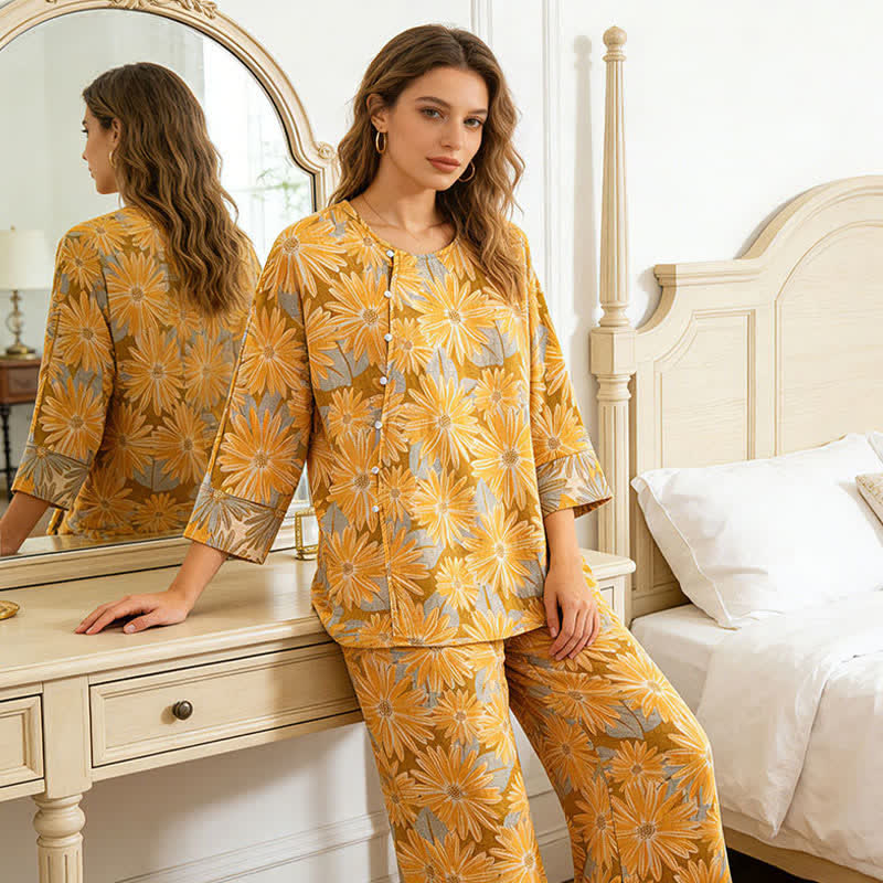 Retro-Sonnenblumen-Pyjama-Set aus reiner Baumwolle - image 6