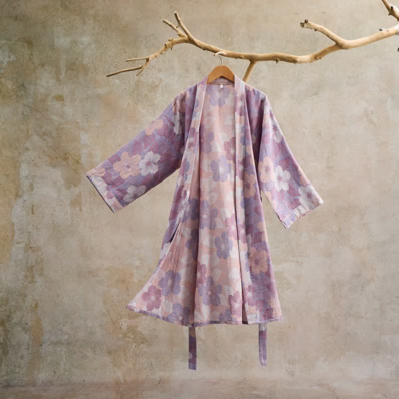 Kimono-Bademantel aus Baumwollgaze mit Kirschblütenmuster - Lila - L - image 9