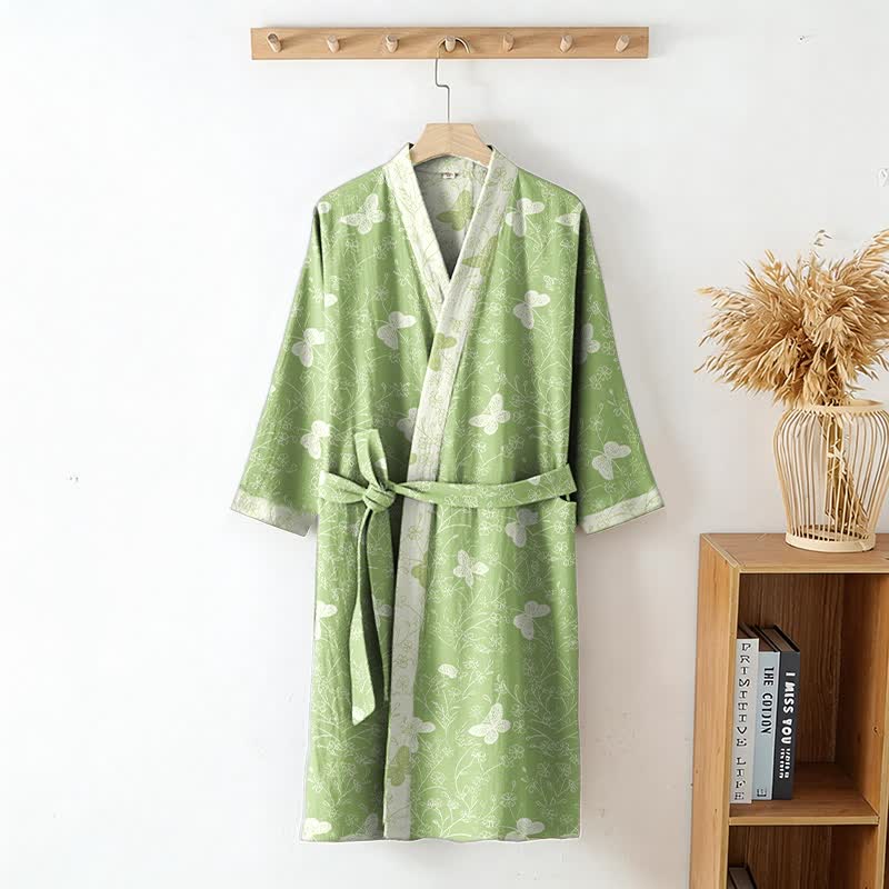 Kimono-Bademantel aus doppellagigem Baumwollgewebe mit grünem Schmetterlingsmuster - image 2