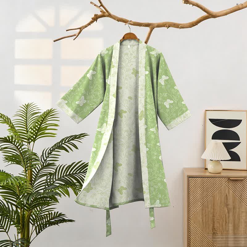 Kimono-Bademantel aus doppellagigem Baumwollgewebe mit grünem Schmetterlingsmuster - image 1